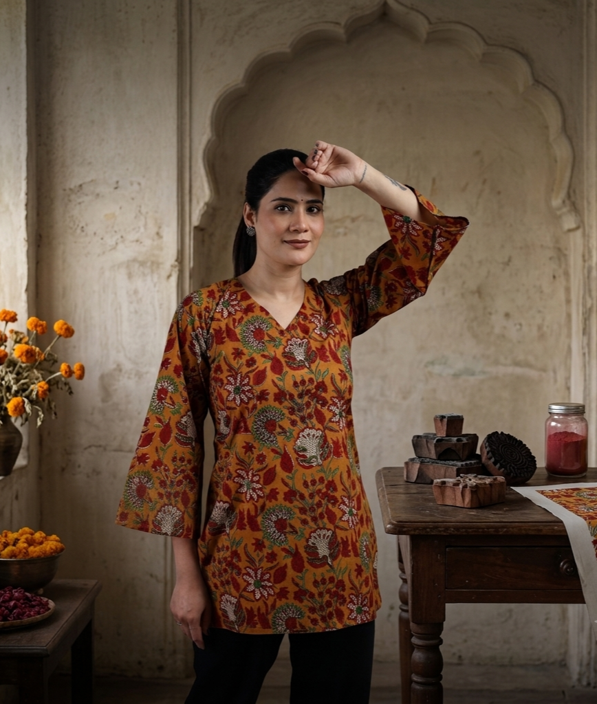Women Mustard Kalamkari Floral Print Cotton V-Neck