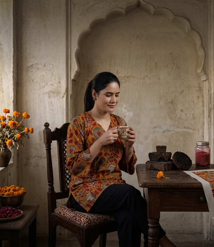Women Mustard Kalamkari Floral Print Cotton V-Neck