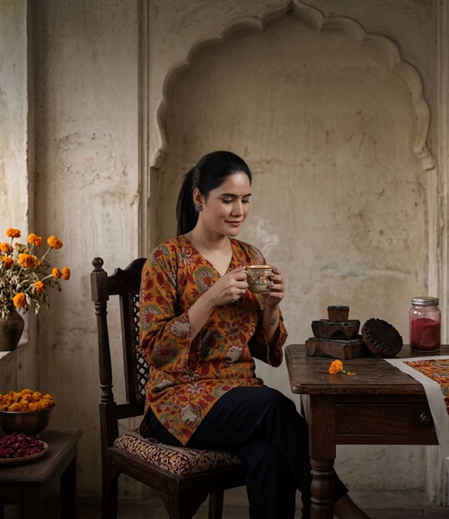 Women Mustard Kalamkari Floral Print Cotton V-Neck