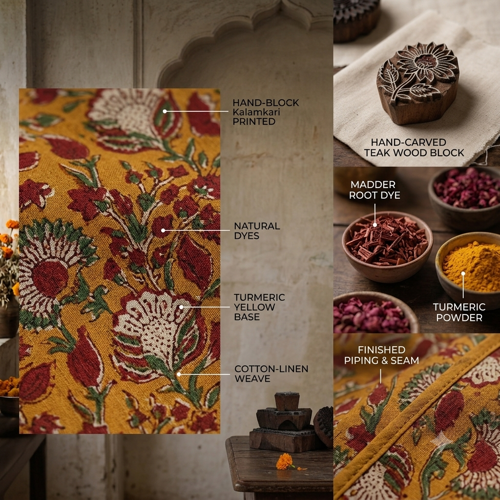 Women Mustard Kalamkari Floral Print Cotton V-Neck