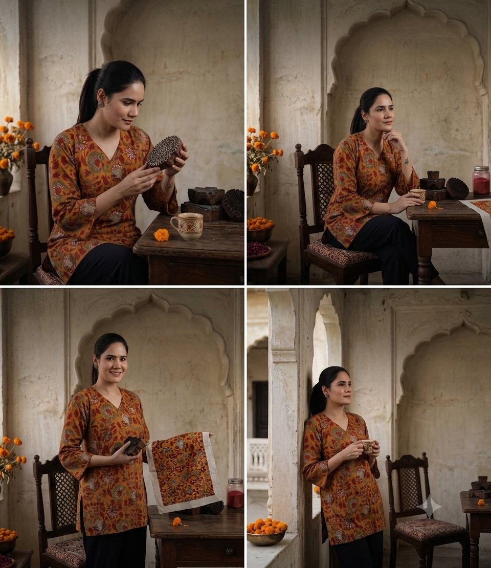 Women Mustard Kalamkari Floral Print Cotton V-Neck