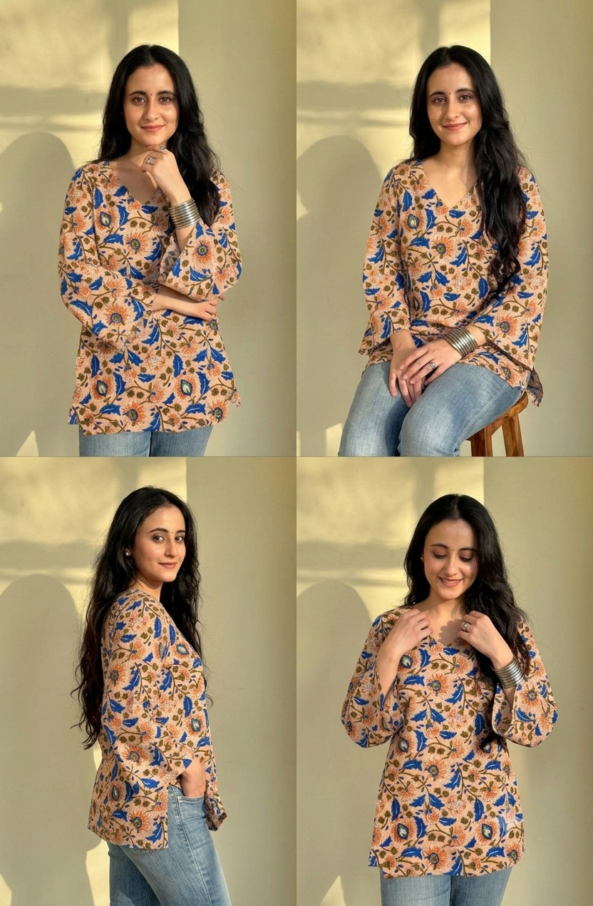 Women’s Beige Floral Printed Cotton Straight Kurti