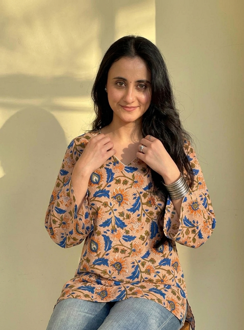 Women’s Beige Floral Printed Cotton Straight Kurti