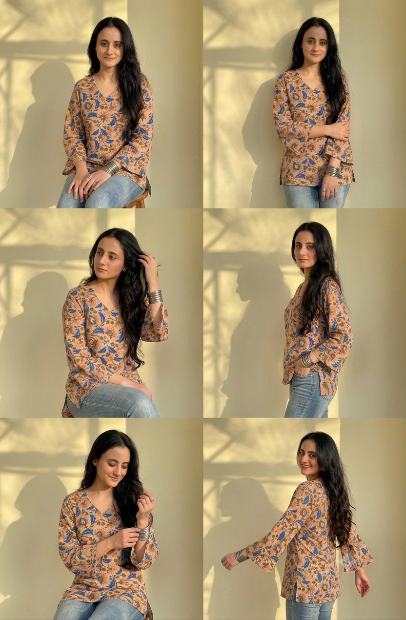 Women’s Beige Floral Printed Cotton Straight Kurti