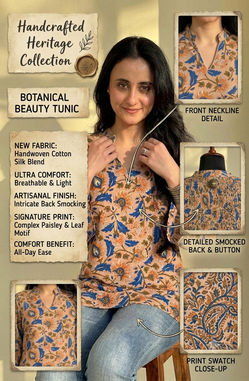 Women’s Beige Floral Printed Cotton Straight Kurti